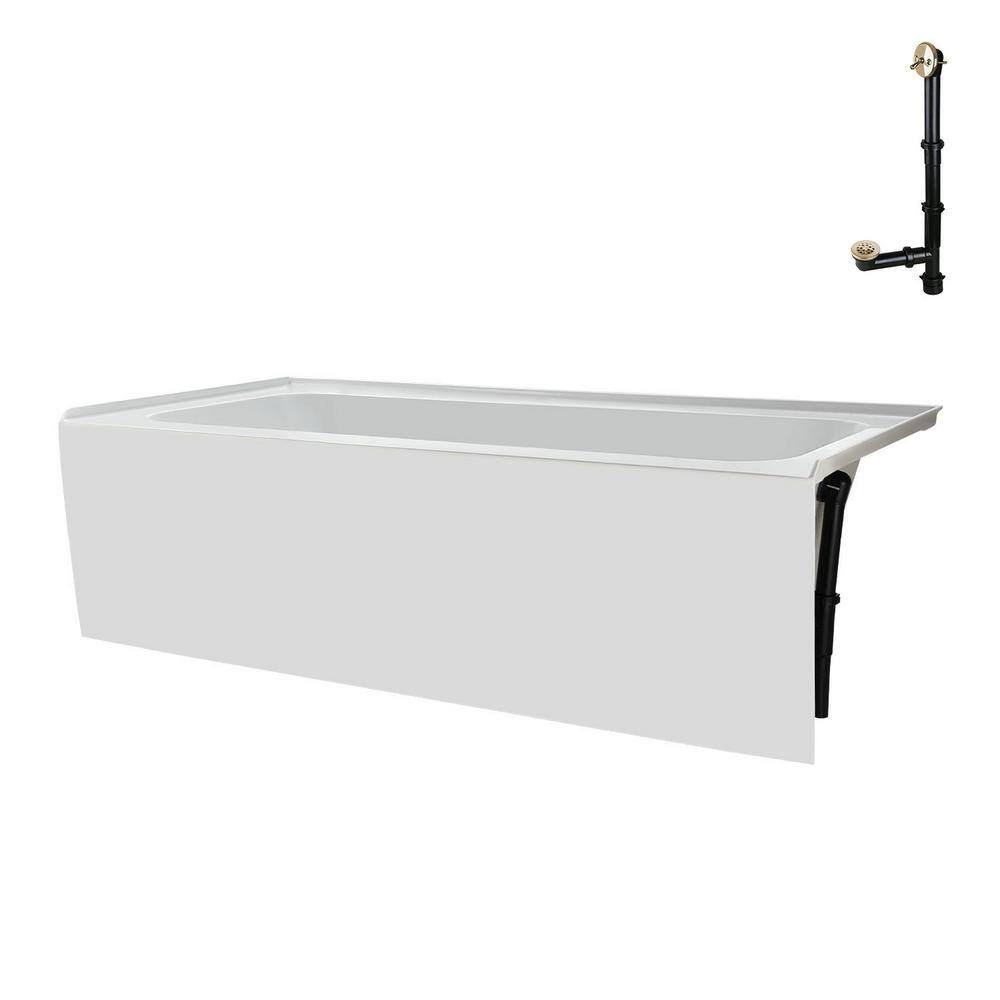 Glossy White Acrylic Rectangular Alcove Bathtub with Polished Brass Drain