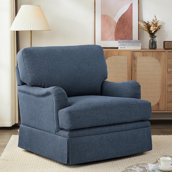 32 in. W Dark Blue Fabric 360° Swivel Accent Chair Modern Upholstered Armchair Metal Base Barrel Sofa Chair