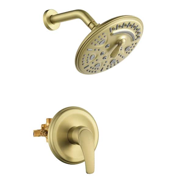 Fapully 6-Spray Patterns with 2 GPM 8 in. Wall Mount Fixed Shower Head with Pressure Balance in Brushed Gold