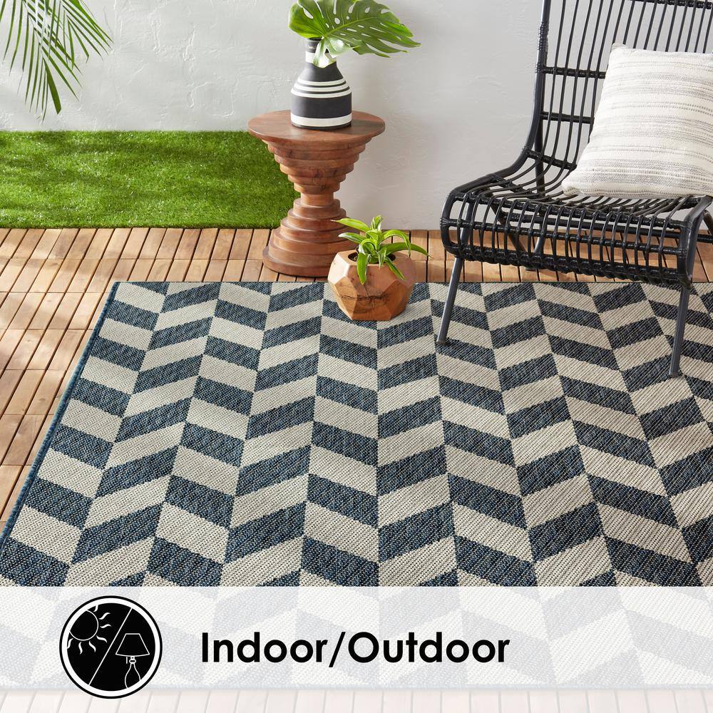 Blue and Cream Geometric 8' x 10' Synthetic Indoor/Outdoor Rug