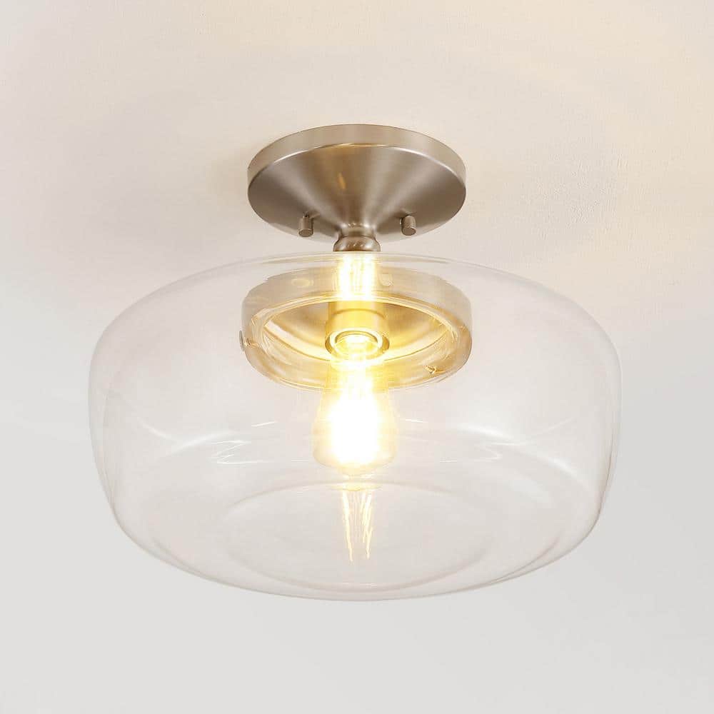 JONATHAN Y Marfa 14 in. Nickel Glass/Iron Farmhouse Modern LED Flush Mount