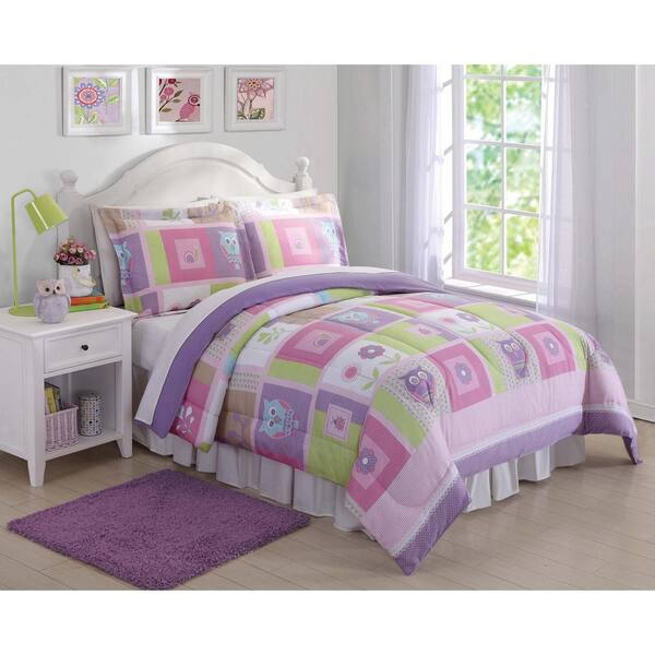 2 Piece Pink Owls Twin Comforter Set, Owl Bedding Set Twin