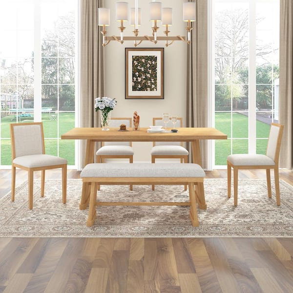 Polibi 6 -Piece Rectangular Natural Solid Wood Top Dining Room Set 4 ...