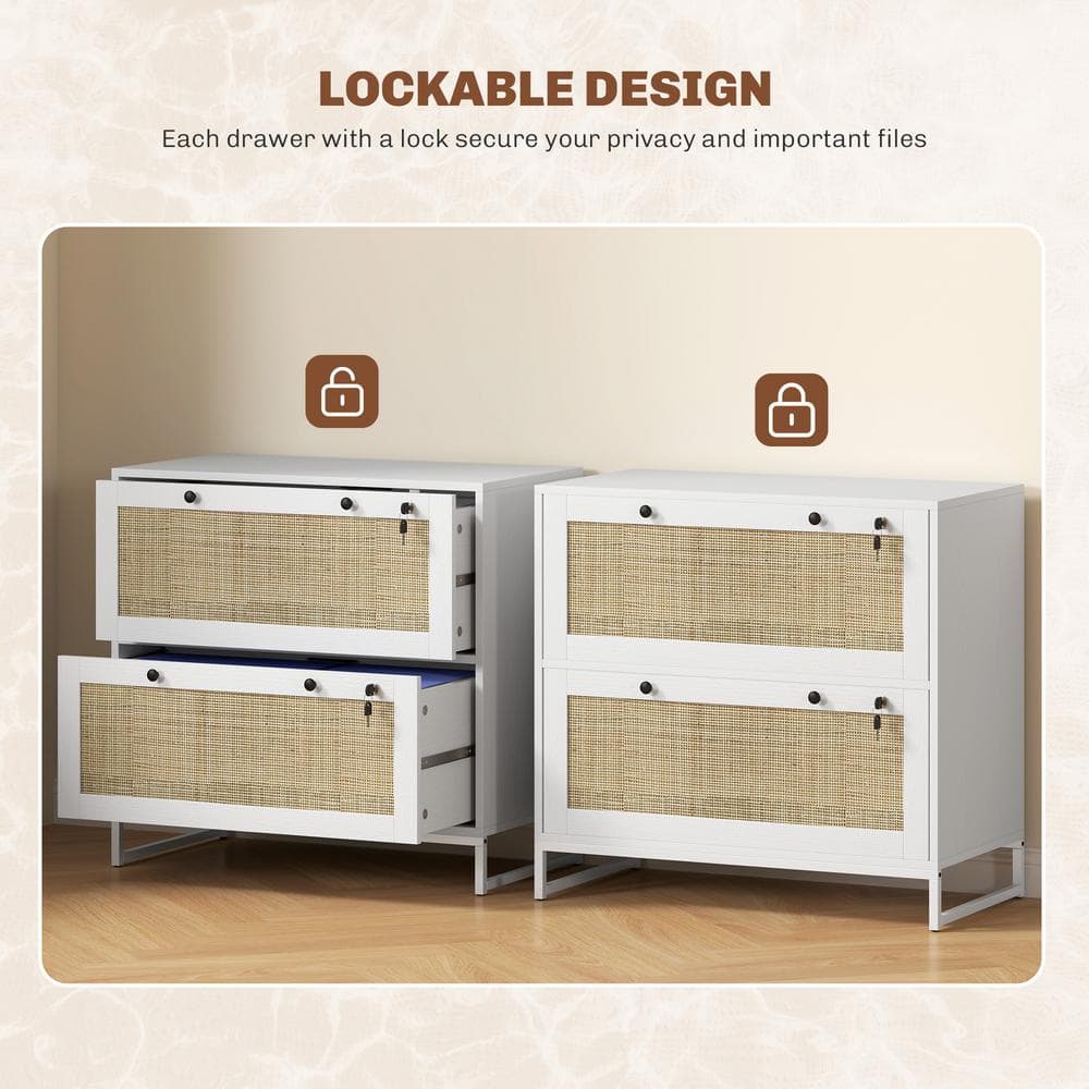 White and Rattan 2-Drawer Lockable Vertical File Cabinet