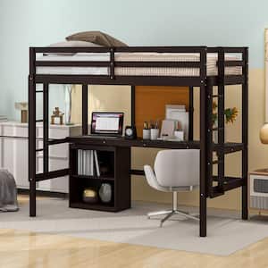 Espresso Twin Size Wood Loft Bed with Built-in Desk, Writing Board, 2 Drawers Cabinet, and 2 Ladders