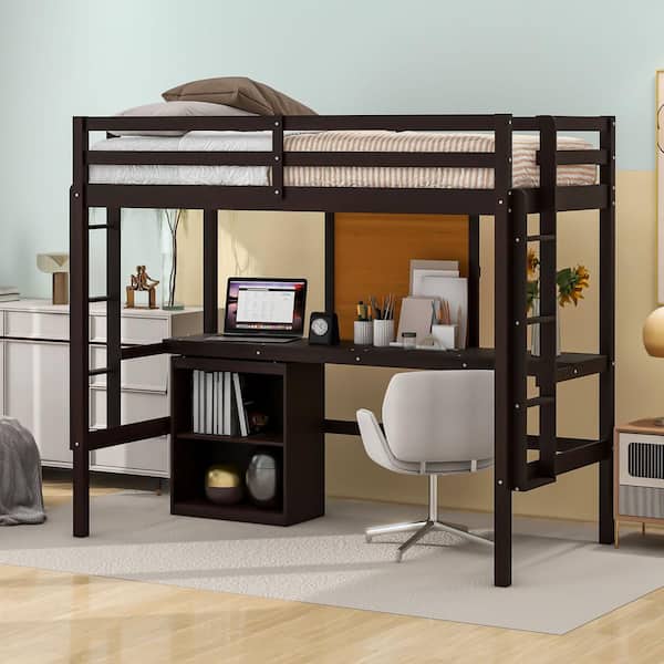 Harper & Bright Designs Espresso Twin Size Wood Loft Bed with Built-in Desk, Writing Board, 2 Drawers Cabinet, and 2 Ladders