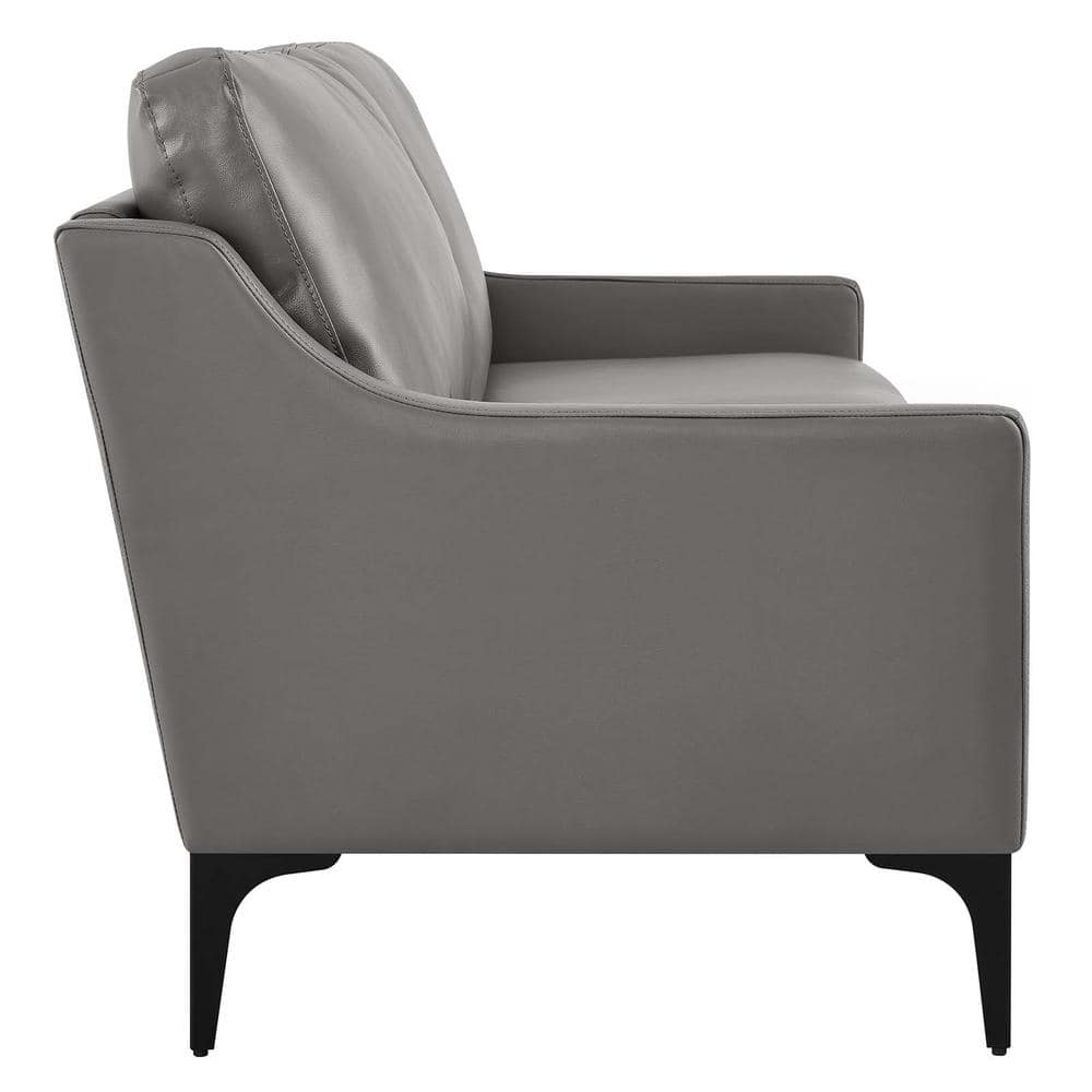Mid-Century Modern Gray Leather Sofa with Removable Cushions