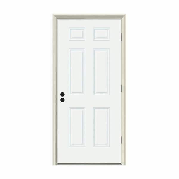 JELD-WEN 34 in. x 80 in. 6-Panel White Painted Steel Prehung Left-Hand Outswing Front Door w/Brickmould