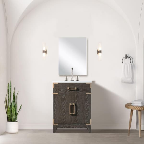 Fossa 24 in. W x 18 in. D Brown Oak Single Bath Vanity with Acrylic Top, 18 in. Mirror and Faucet Set