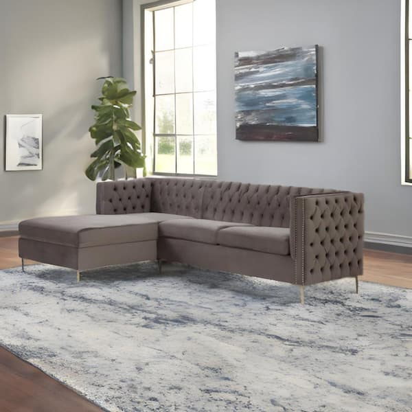 HomeRoots 108 in. Square Arm 2-piece Velvet L-Shaped Sectional Sofa in. Gray with Nail head Trim