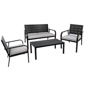 Black 4-Piece Metal Patio Conversation Set with Gray Cushions for Backyard Balcony Lawn