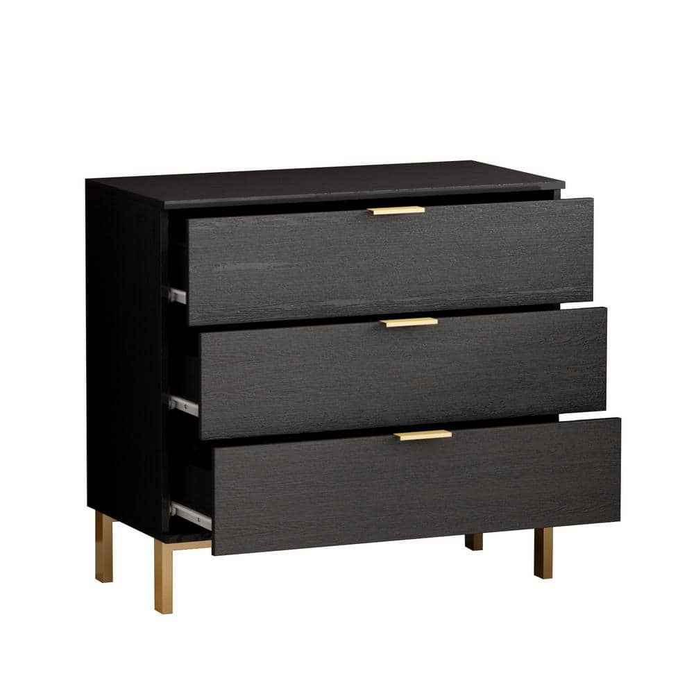 Black MDF Coastal 3-Drawer Chest with Gold Accents