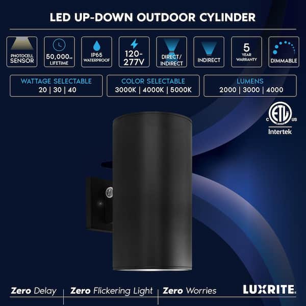 12 in. Black Dusk to Dawn LED Outdoor Hardwired Cylinder Wall Sconce 3CCT 3000K-5000K, 20/30/40W Dimmable IP65 ETL