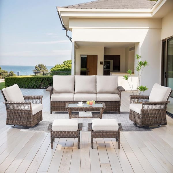moosprr Seagull 6-Piece Brown Wicker Patio Conversation Set with Beige Cushions and Swivel Glider Chairs/Ottomans/Couch
