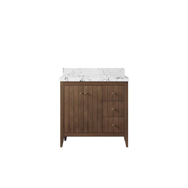Willow Collections Atlanta Teak 36 in. W x 22 in. D x 36 in. H Left Sink Bath Vanity in Dark Natural with 2 in. Viola Night qt. Top