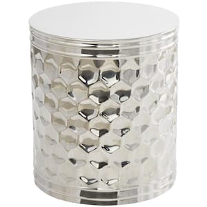 16 in. Silver Drum Geometric Medium Round Metal End Table with Hexagon Patterned Exterior