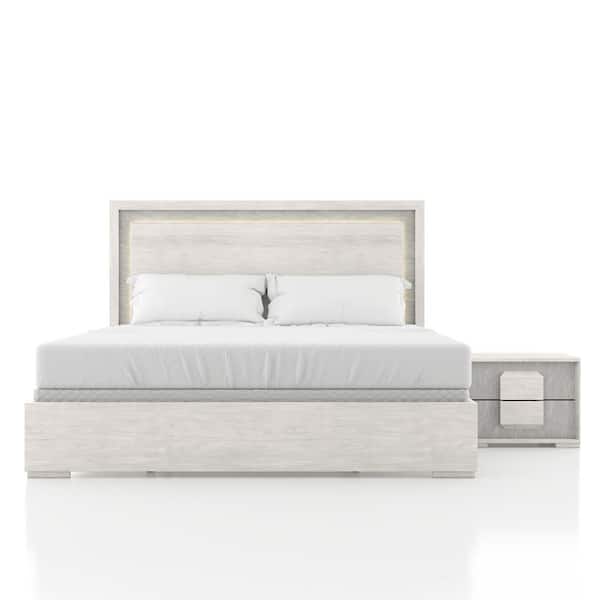 Bulevard 2-Piece Washed White Wood Queen Panel LED Bedroom Set with Nightstand