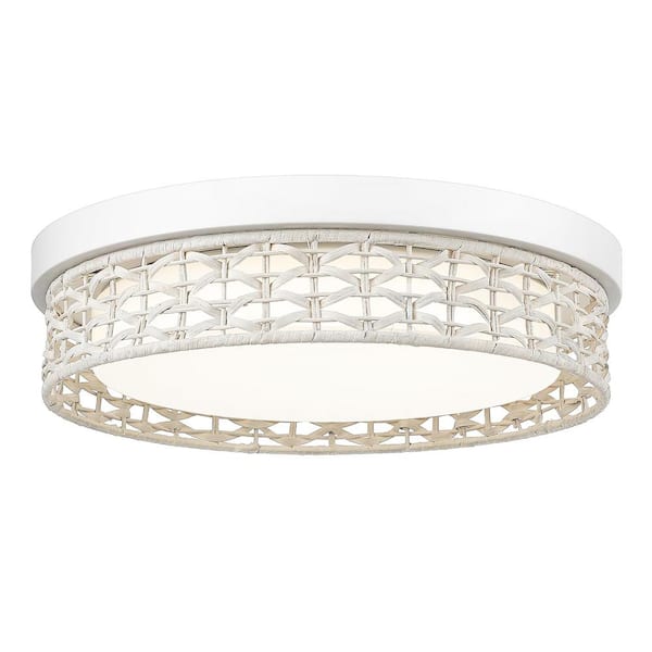 JAZAVA 15 in. White Rattan Modern Integrated LED Flush Mount with Handwoven Rattan Shade and No Bulbs Included