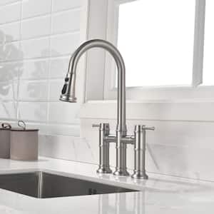 Double Handle Transitional Bridge Pull Down Sprayer Kitchen Faucet in Brushed Nickel