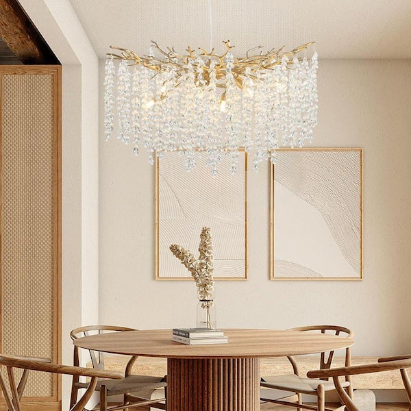 Gleam Flare 24" 8-Light Modern Crystal Chandelier, Gold Tree Branch Round Chandelier for Dining Room, Living Room, Bedroom, Entryway