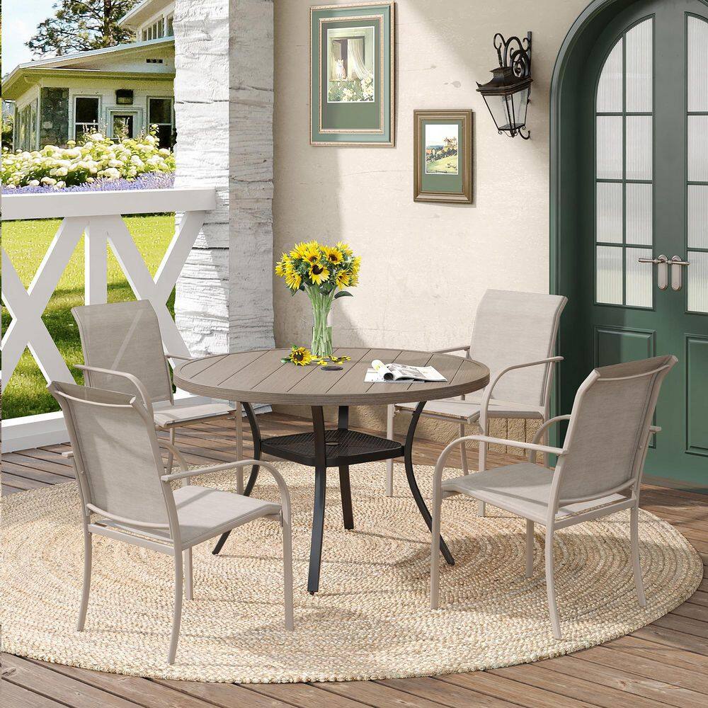 5-Piece Patio Dining Set with Grey Wood-Like Round Metal Table and 4-Sandshell Dining Chairs with Curved Armrests
