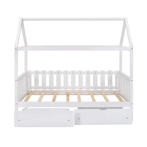 STICKON White Wood Frame Twin Size House Platform Bed with Drawers