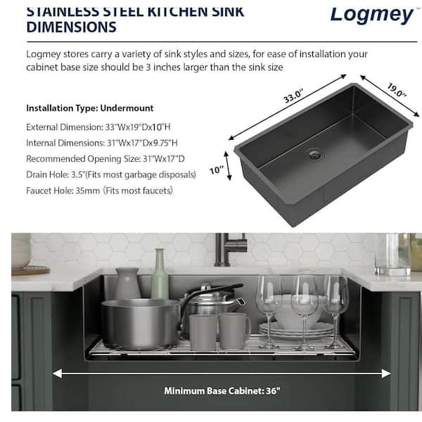 Logmey Gunmetal Black 16-Gauge Stainless Steel 32 in. Single Bowl