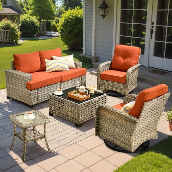 HOOOWOOO Kelleys 6-Piece Wicker Modern Outdoor Patio Conversation Seating Set with Swivel Chairs and Orange Red Cushions