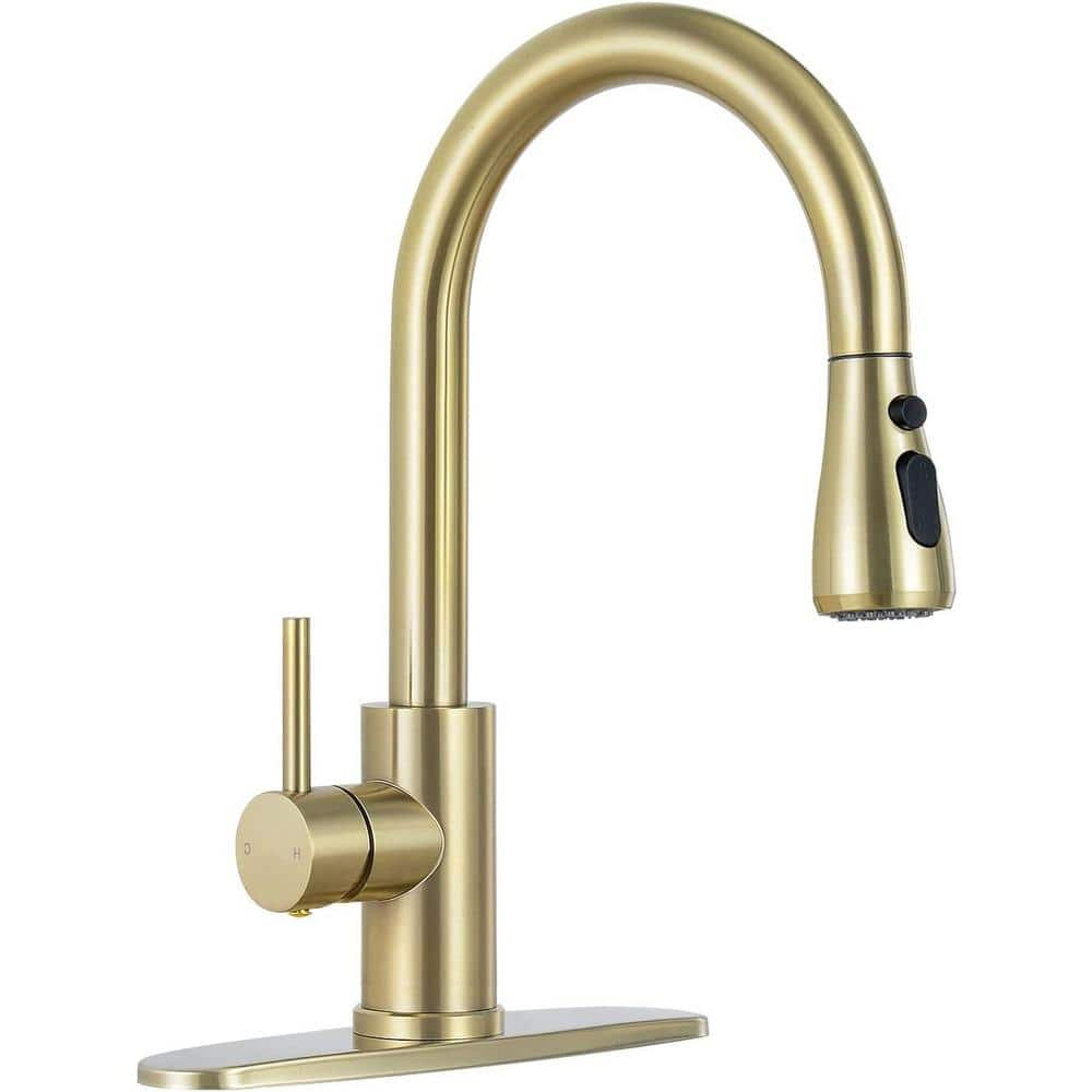 AKLFGN Single Handle Kitchen Faucet Pull Down Sprayer Kitchen Faucet with Deck Plate in Brushed Gold