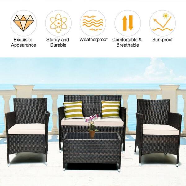 4 Piece Rattan Patio Conversation Set with White Cushions