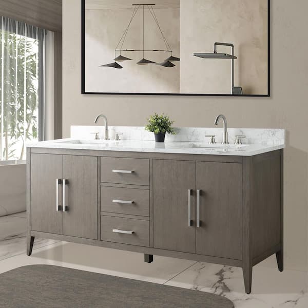 72 in. W. x 22 in. D x 34 in. H Double Sink Bathroom Vanity Cabinet Driftwood Gray with Engineered Marble Top in White