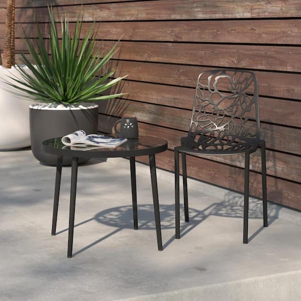 Leisuremod Devon Outdoor Dining Chair in Aluminum Modern Stackable Design Patio Side Chair in Black