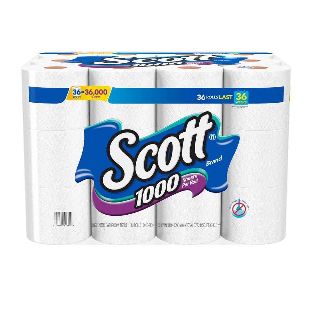 Scott 1000 Toilet Paper, 32 Rolls, Septic-Safe, 1-Ply Toilet Tissue