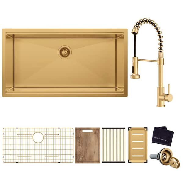 32 in. Undermount Single Bowl 18-Gauge Gold Stainless Steel Workstation Kitchen Sink with Spring Neck Faucet