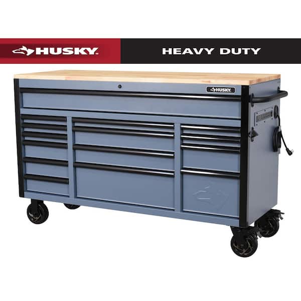 Heavy Duty 61 in. W x 22 in. D 15-Drawer Matte Cadet Gray Mobile Workbench Cabinet with Solid Wood Top