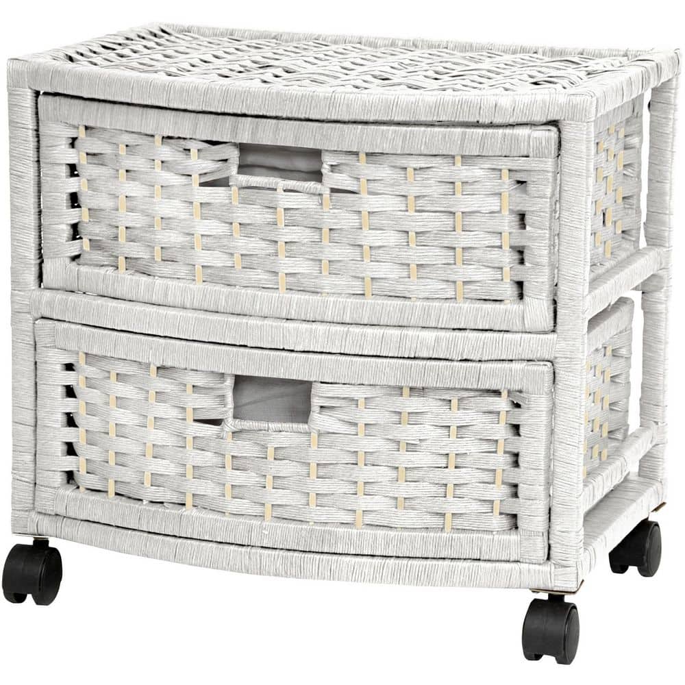 White Woven Fiber 2-Drawer Chest with Casters