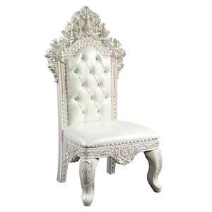 Adara White Synthetic Leather & Antique White Finish Side Chair Set of 2 with Nailhead Trim and Tufted Cushions