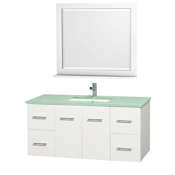 Wyndham Collection Centra 48 in. Vanity in White with Glass Vanity Top in Aqua and Square Porcelain Undermounted Sink and Mirror