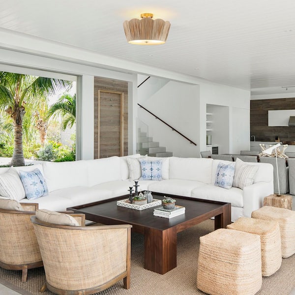 Scrow Bohemian 18 in. 3-Light Natural Raffia Woven Semi-Flush Mount Ceiling Light, Perfect for Bedroom and Dining Room