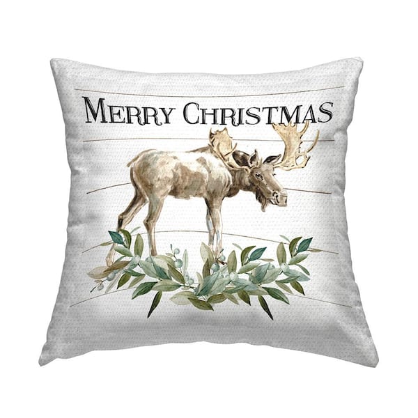 Stupell Industries Merry Christmas Botanical Moose Plank Pattern Brown Square Outdoor Throw Pillow
