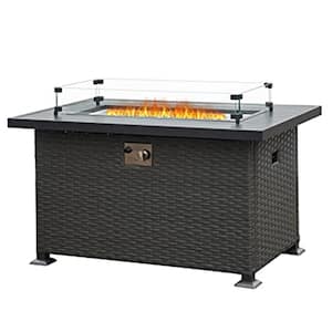 Grey Rectangular Wicker Bar Height Smokeless Fire Pit Table with Glass Wind Guard and Aluminum Tabletop