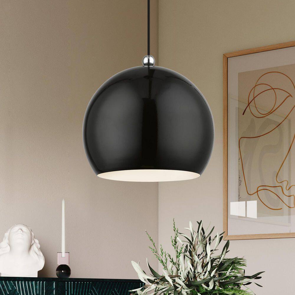 Stockton 11.75" Black and White Globe Pendant with Chrome Accents
