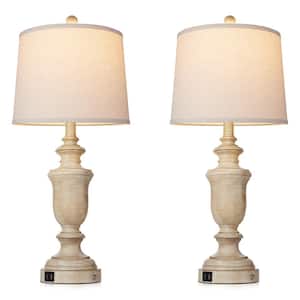 Lieven 25.6 in. Distressed Beige Farmhouse Resin Table Lamp Set with Dual USB Ports