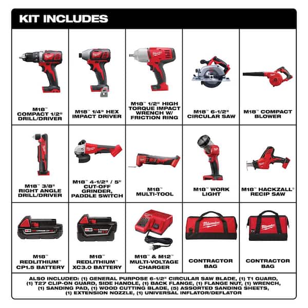 M18 18V Lithium-Ion Cordless Combo Kit (10-Tool) with (2) Batteries, Charger and Tool Bag