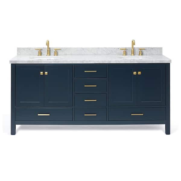 Cambridge 72 in. Double Sink Freestanding Bathroom Vanity in Midnight Blue with Carrara White Marble Top