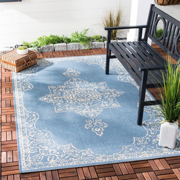 Beach House Cream/Blue 5 ft. x 8 ft. Oriental Indoor/Outdoor Patio  Area Rug