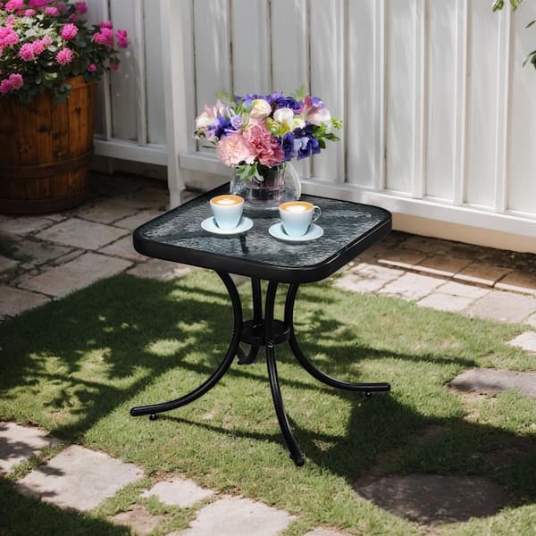 Karl home 18in Black Square Outdoor Side Table, Glass Top and