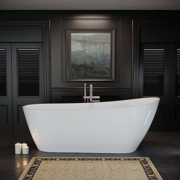 Vela 67 in. Modern Acrylic Luxury Stand Alone Flatbottom Tub Top Sloping Design Non-Whirlpool Soaking Bathtub in White