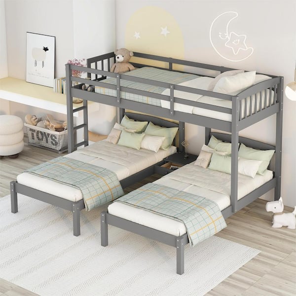 Harper & Bright Designs Gray Twin Over Twin and Twin Wood Triple Bunk Bed with Built-In Middle Drawer, Top Storage Shelf, Full-Length Guardrails