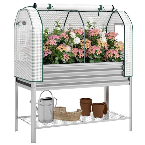 47.2 in. L x 21.7 in. W x 55.1 in. H Raised Garden Bed with Greenhouse Cover Silver Galvanised Metal Planter